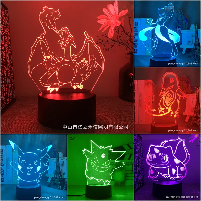 

Pokemon Anime 3d LED Night Lights Bulbasaur Charizard Squirtle Mewtu Color Changing Action Figure Decor Home Figma Doll Gift Toy