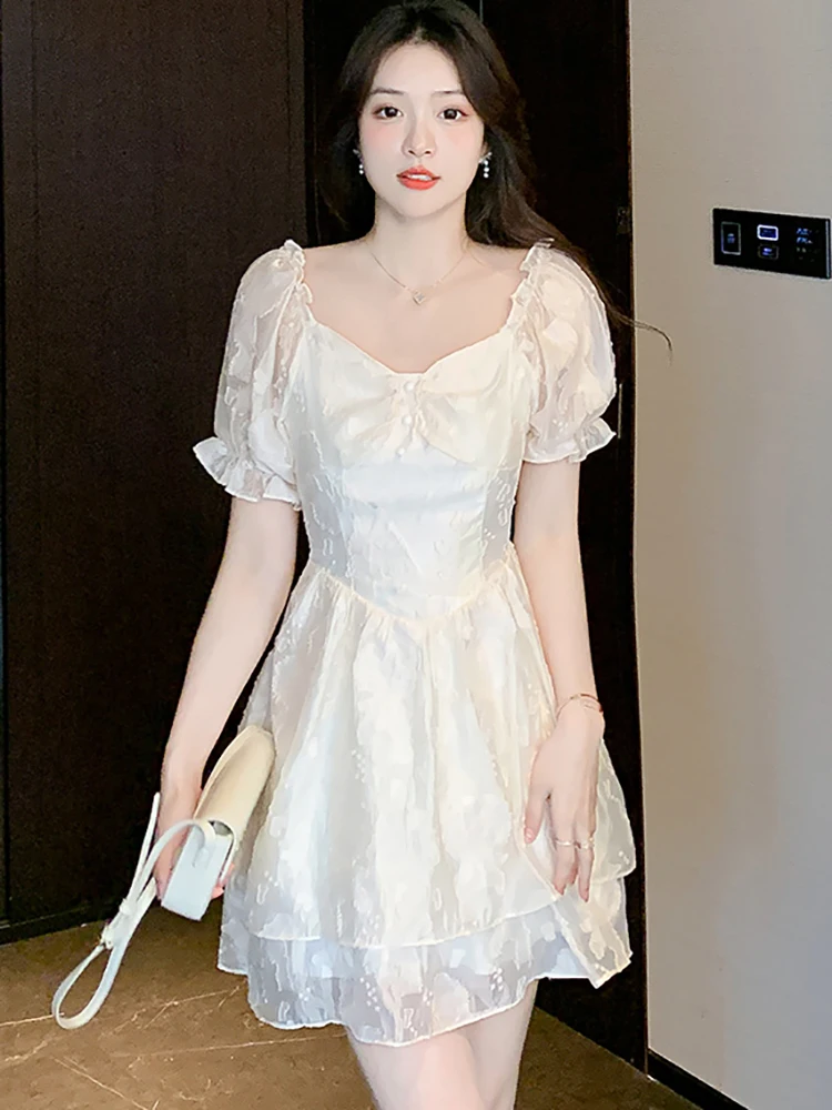 

Белое жаккардовое шифоновое мини-платье с оборками для лета 2023, милое женское платье с квадратным вырезом и пышными рукавами, корейское модное платье для выпускного вечера