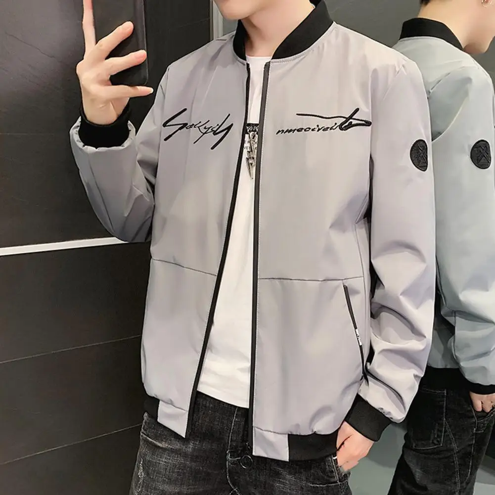 

Men Baseball Coat Spring Autumn Men Stand Collar Long Sleeve Baseball Coat Letter Print Casual Jacket