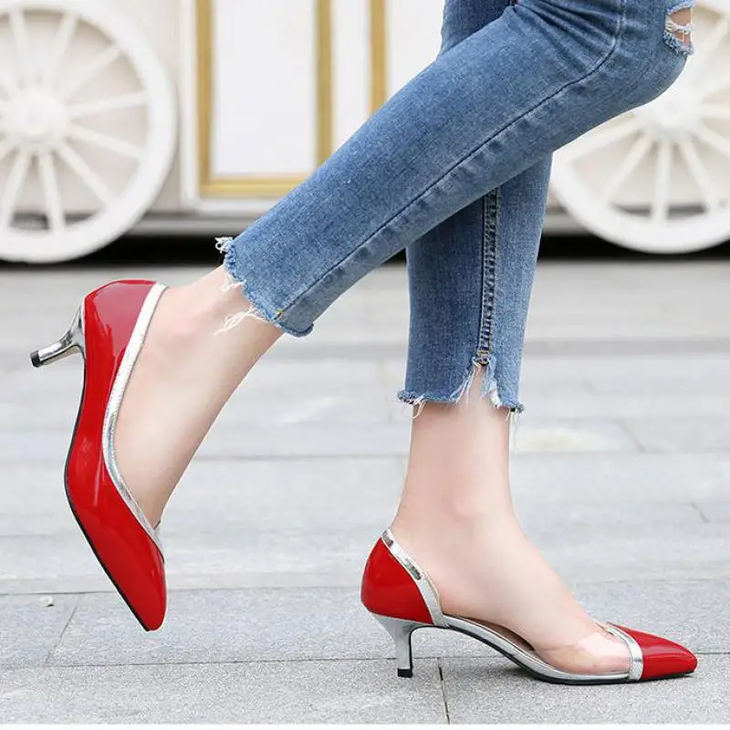 

Туфли-лодочки женские из лакированной кожи, тонкий каблук 5 см, заостренный носок, без застежки, однотонные классические, модная офисная дел...