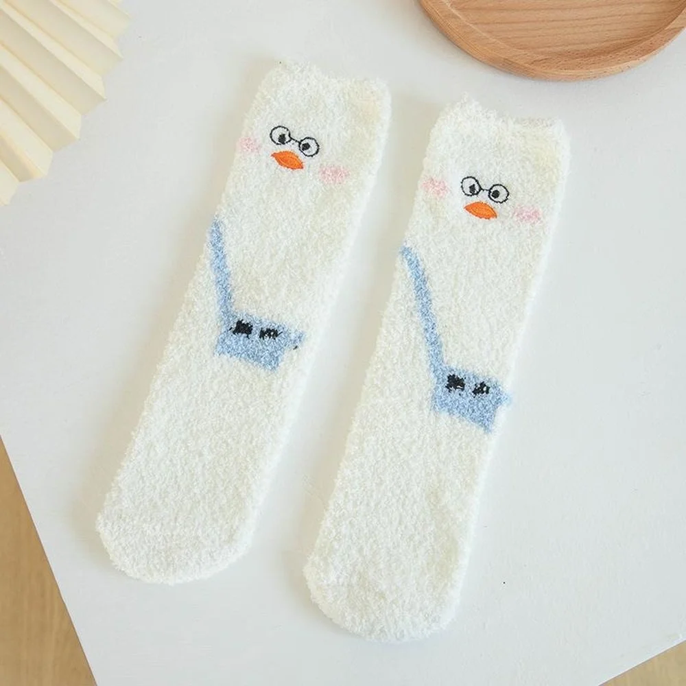 5 Pairs New Winter Cute Duck Warm Coral Fleece Socks Plus Velvet Thickened Cotton Women Socks At Home Soft Sleep Floor Socks