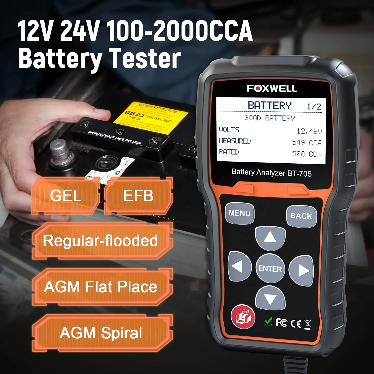 FOXWELL BT705 12 В 24 профессиональный OBD2 тестер нагрузки аккумулятора сверхмощный