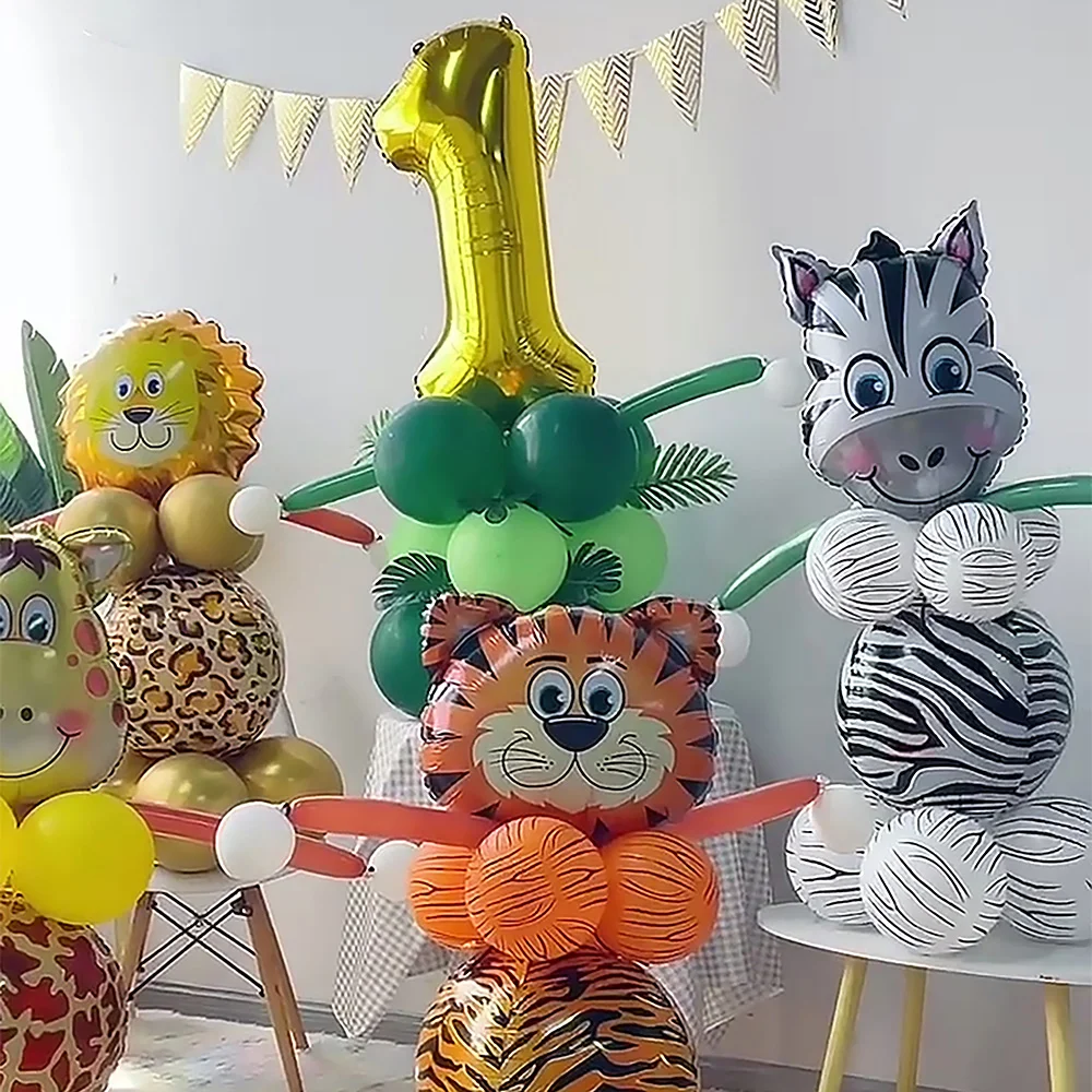 

Jungle Party Decor Safari Birthday Balloon Column Set Lion Zebra Tiger Monkey Shape Foil Ballon First Birthday Supplies