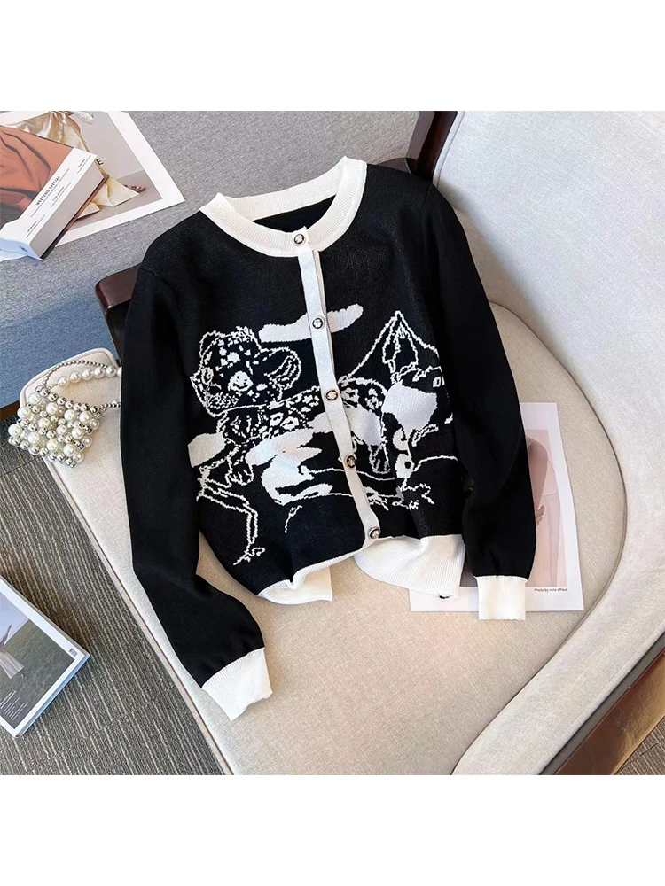 

2023 Autumn Winter Long Sleeve Round Collar Versatile Sweaters Loose Casual Knitwears Vintage Black Knitted Cardigans Women