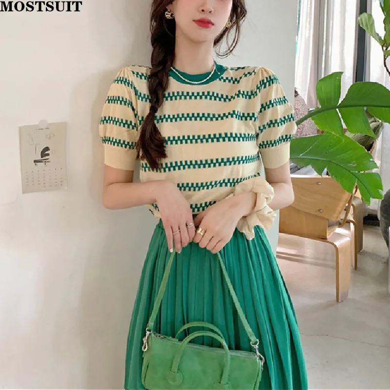 

Summer Sweet Fashion 2 Piece Skirt Sets Women Striped Knitted Pullover + A-line Pleated Skirt Korean Ladies Elegant Women Sets