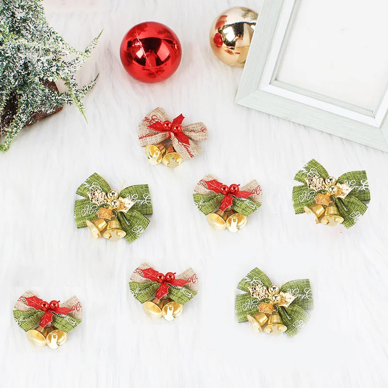 

5Pcs Mini Christmas Bows With Bells Burlap Leaves Bowknot For DIY Craft Gift Ornaments New Year Home Xmas Tree Hanging Decorate