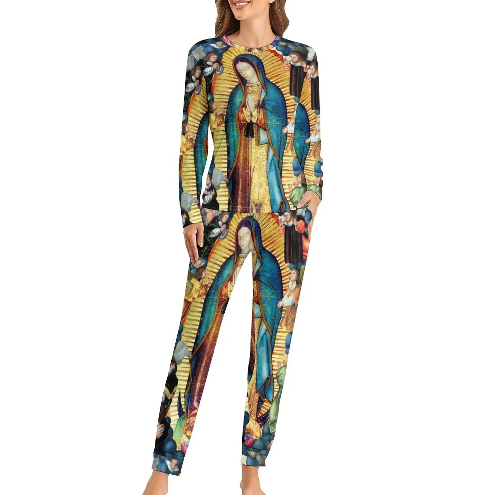 

Пижама Дева Мария и ангелы, Дева Мария гуадалуп, комплект из двух предметов, Пижама для сна, Женский Теплый домашний костюм большого размера ...