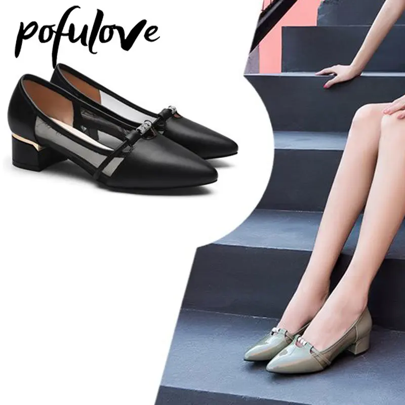 

Pofulove Single-shoe Women's Medium Thick Heel Spring and Autumn Pointed Toe Mesh Breathable PU Leather Shoes Solid Color