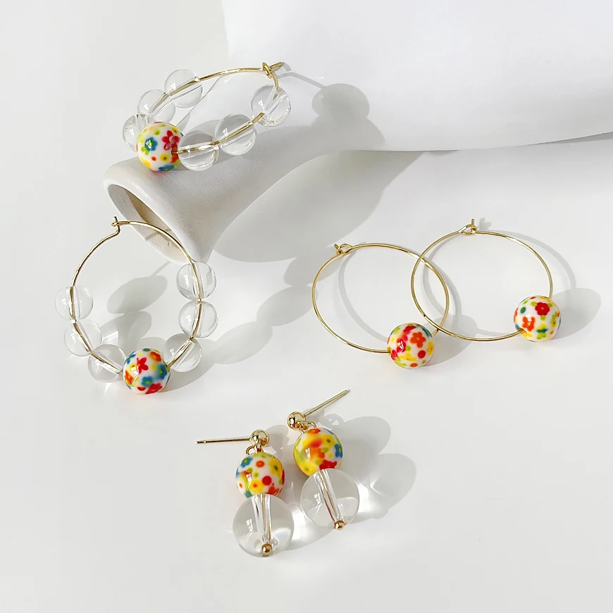 

Peri'sBox Cute Sweet Round Flower Ball Hoop Earring For Women Colorful Resin Bead Transparent Glass Bead Hoop Earrings