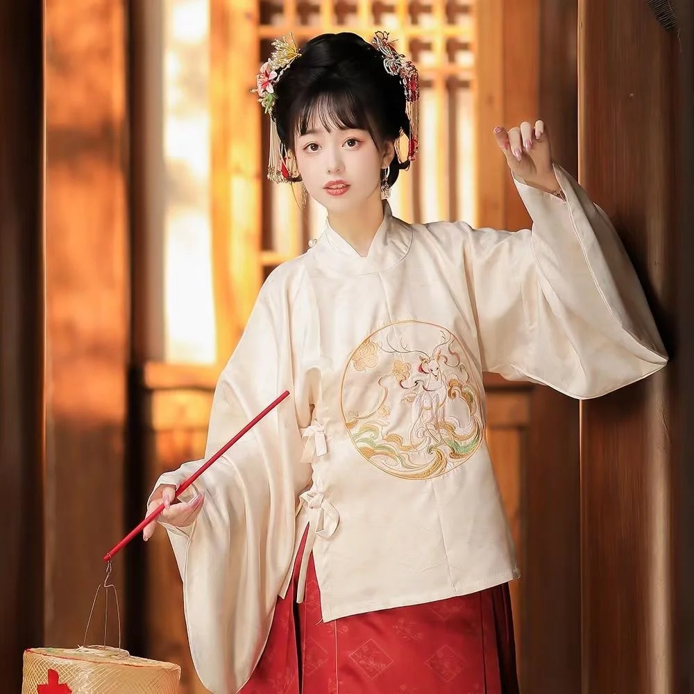 

Женское платье Hanfu с вышивкой династии Мин, с круглым вырезом и рукавом «бипа», с изображением лошади, осень и зима