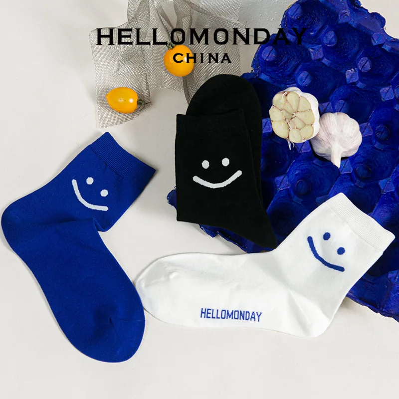 

84035 hello MONDAY klein blue socks female cone in autumn and winter pure color smiling face joker wet socks