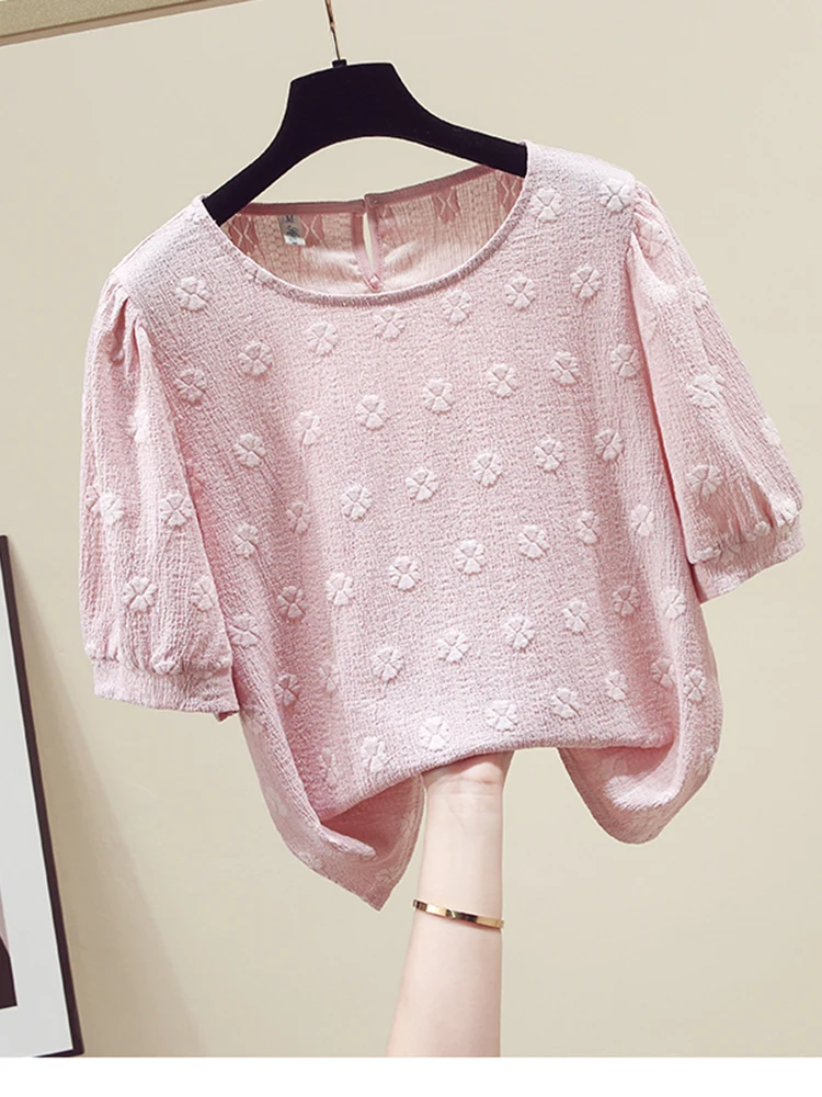 

Women Summer French Pink Bubble Sleeve Chiffon Female Temperament Hollow-out Design Sense Minority Short-sleeved Shirt Top D3045