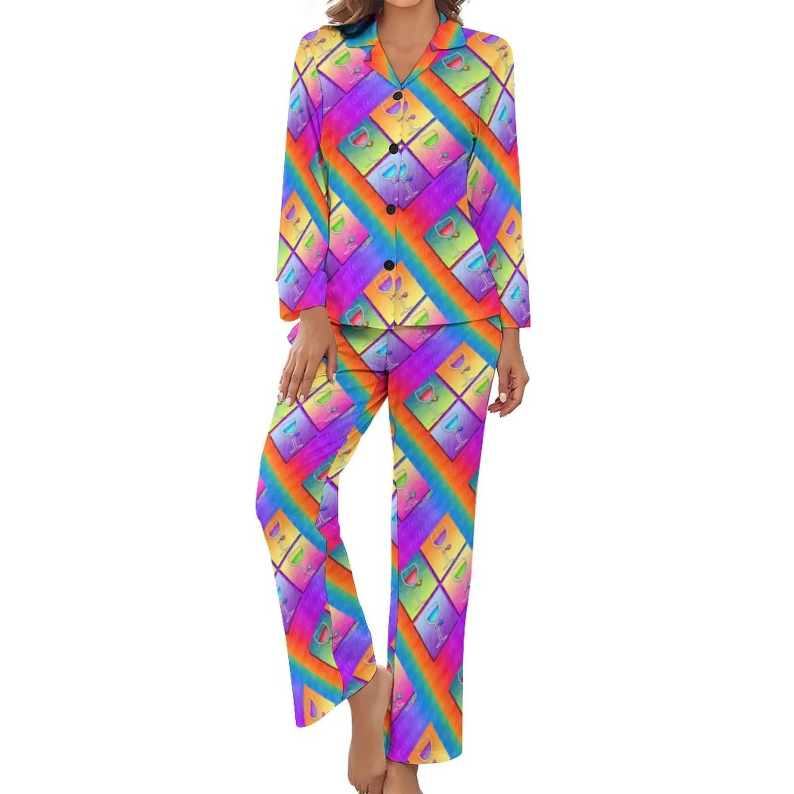 

Pop Art Wine Pajamas Colorful Aesthetic Long-Sleeve Warm Pajamas Set 2 Pieces Room Daily Print Nightwear Gift Idea