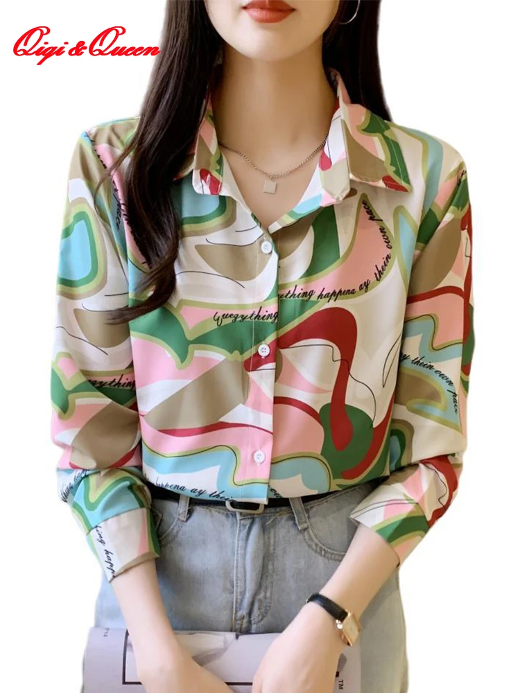 

Женская однобортная рубашка Qiqi & queen, элегантная офисная Повседневная рубашка с длинным рукавом и принтом в винтажном стиле, осень 2023