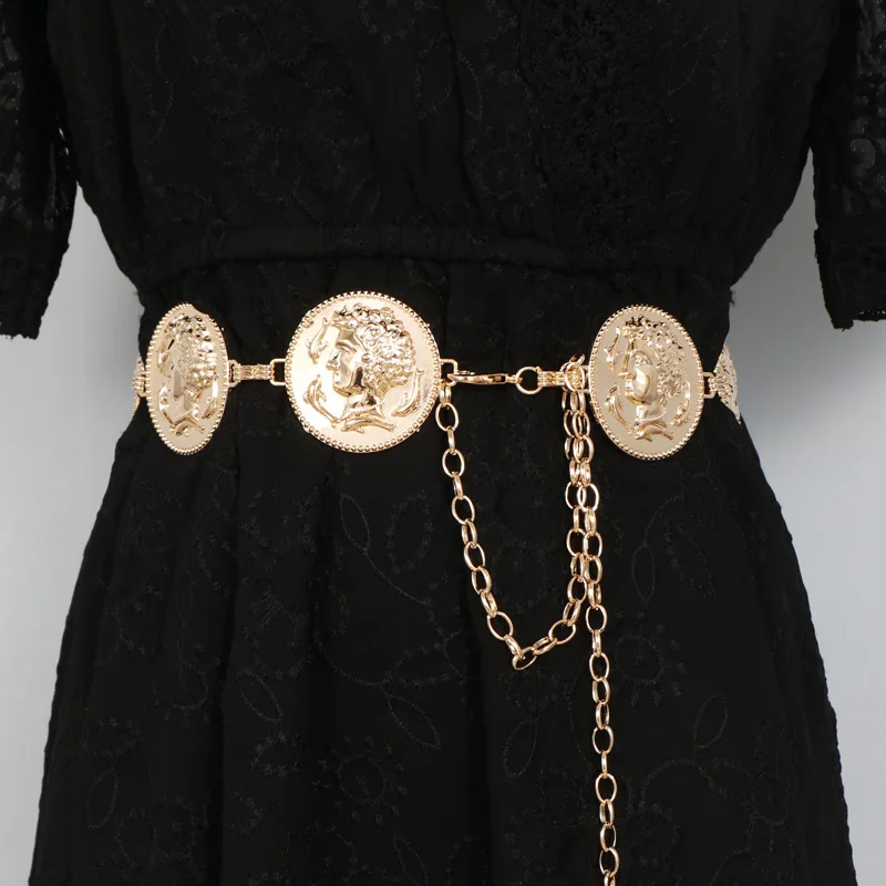 Multilayer Punk Gothic Shiny Gold Tone Big Round Waist Chain Metal Belts For Women Dress Jewelry Waist Chain Waist Belts