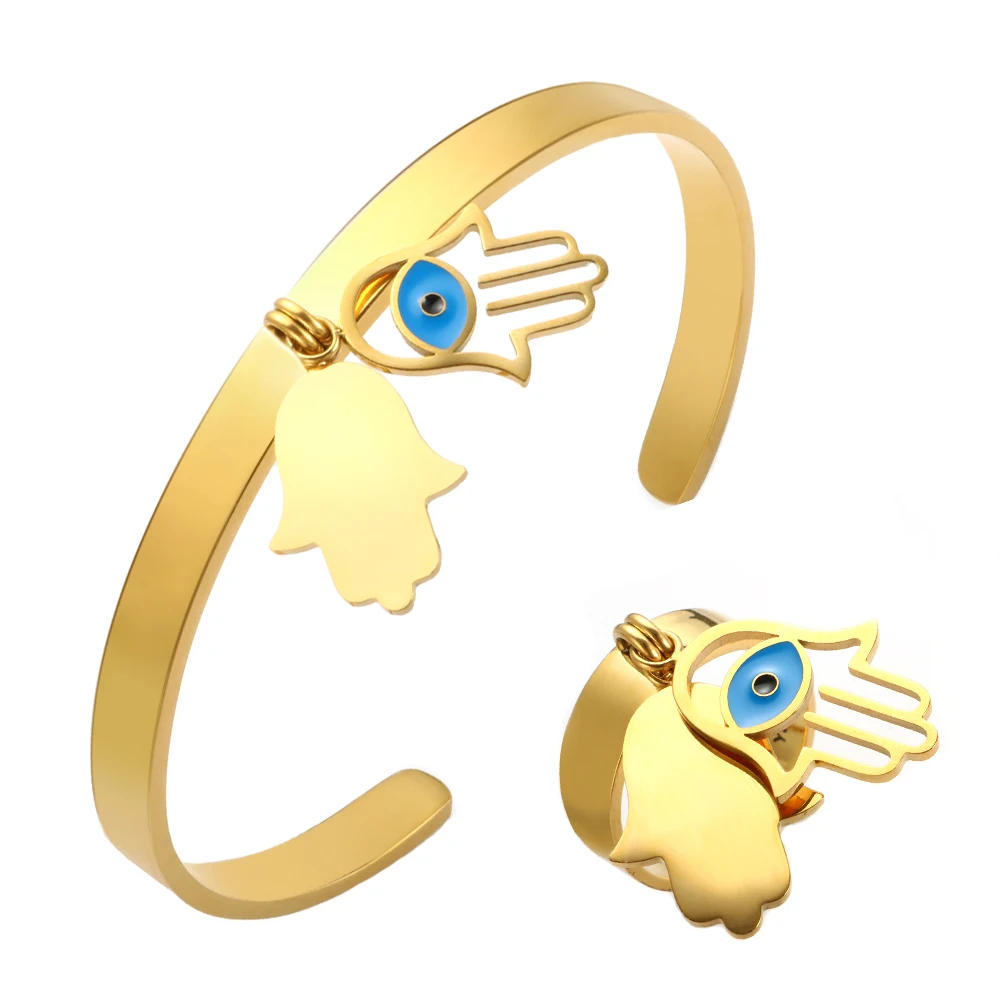 

Trendy Eyes Palm Jewelry Set Blue Eyes Bracelet Adjustable Cuff Bangle Palm Charm Open Ring For Women Men Jewelry Gift