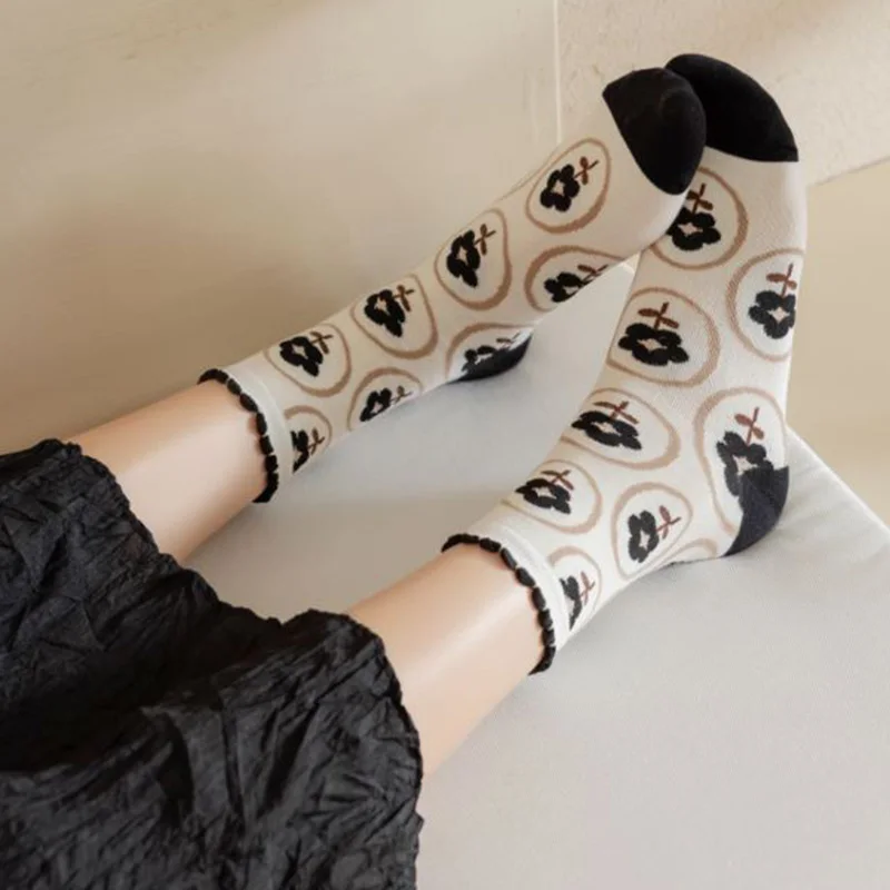 5 Pair Vintage Print Black Socks Female Kawaii Long Winter Socks For Women Designer Cycling Socks Christmas Gifts Socken Damen