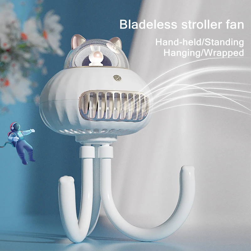 

USB Rechargaeable Battery Operated Portable Mini Cute Handheld Baby Stroller Fan with Warm Night Light Silent Air Cooler Fan