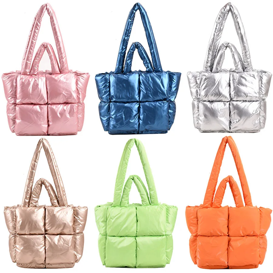 

Fashion Crossbody Bag Pleated Square Solid Cotton Padded Shoulder Bgas Autumn Winter Small Top-handle Bags Female Casual Handbag
