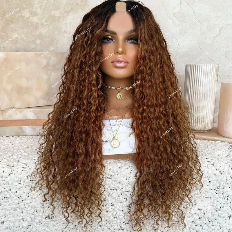 

Ombre Golden Chestnut Brown Natural Curly V Part Wigs100% Human Hair Adjustable Opening Auburn Blonde Jerry Curl U Shape 250%