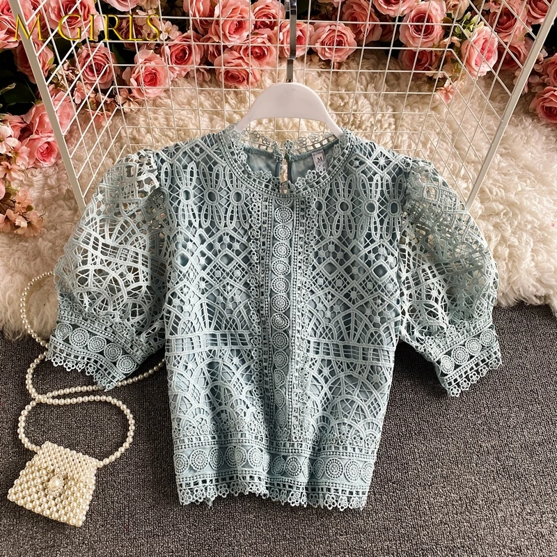 

M GIRLS Blusas Mujer De Moda 2022 Vintage Puff Sleeve Blouses Hollow Out Crochet Floral Crop Tops Korean Summer Elegant Shirts