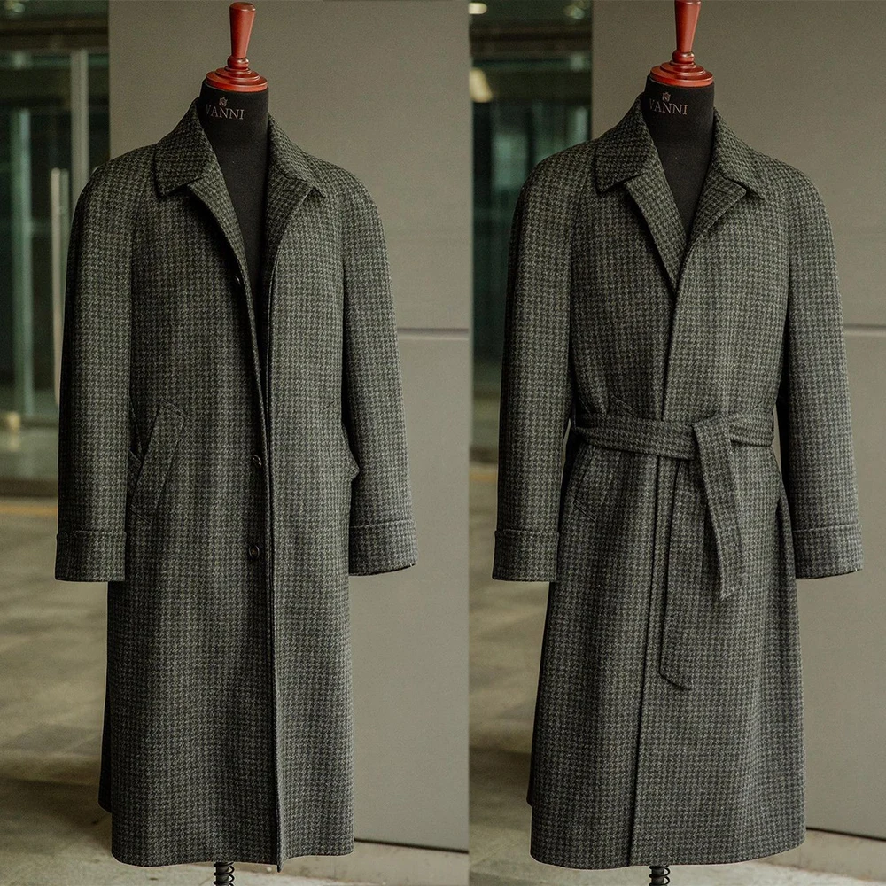 

Herringbone Wool Men Suit Tailor-Made One Piece Overcoat With Belt Dark Gray Warm Fashion Business Wedding Groom Prom Tailored