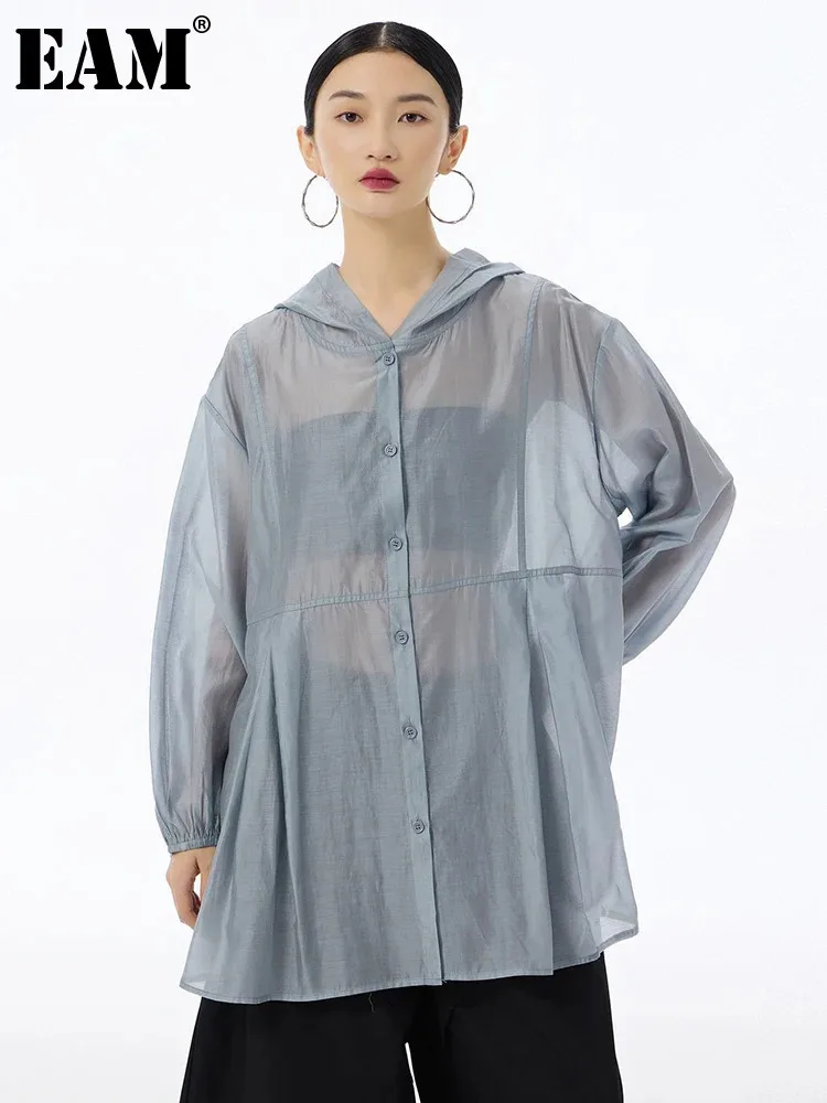 [EAM] Женская серая тонкая перспективная повседневная блузка большого размера
