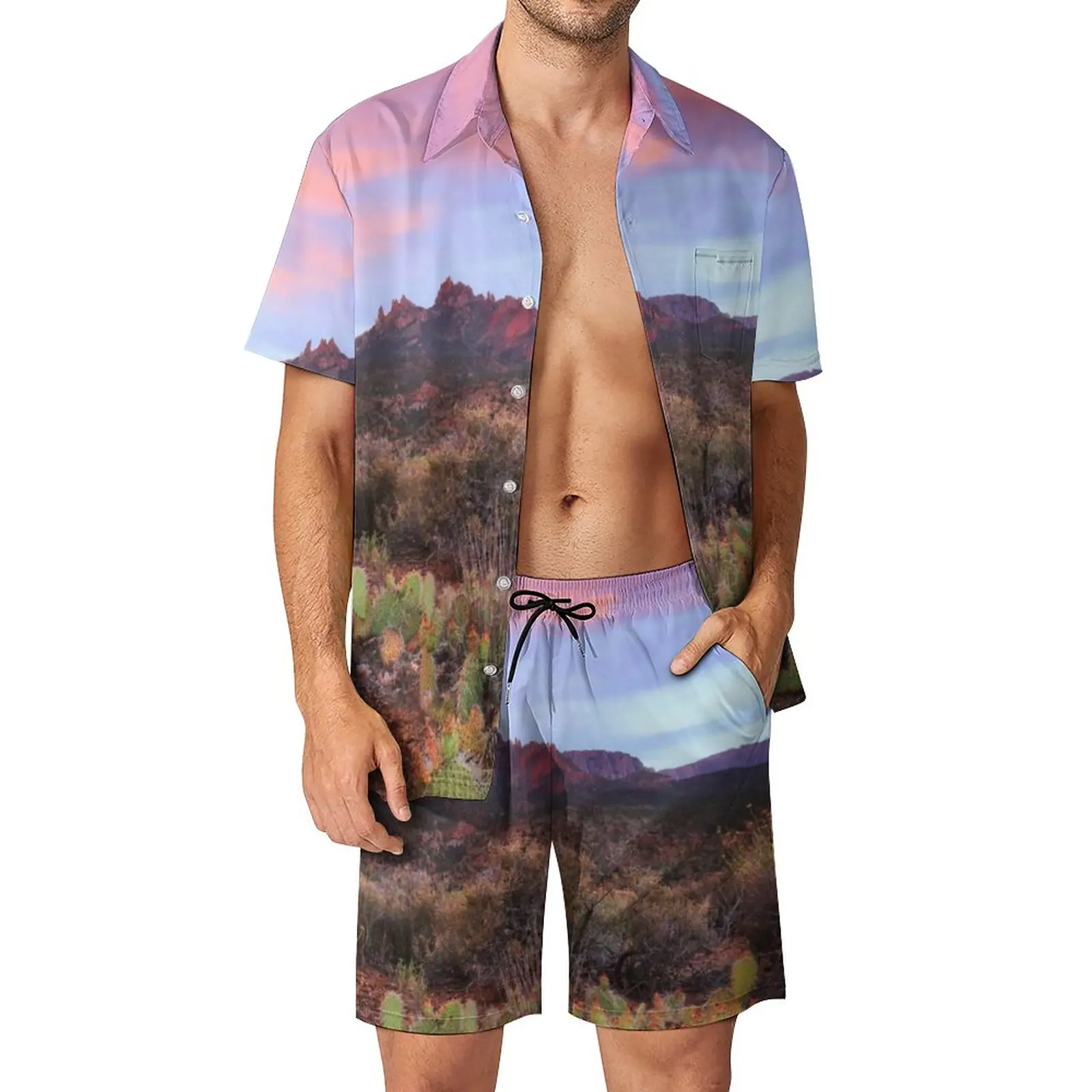 

Desert Sunset Men Sets Cactus Landscape Casual Shirt Set Trending Beachwear Shorts Summer Graphic Suit 2 Piece Clothes Plus Size