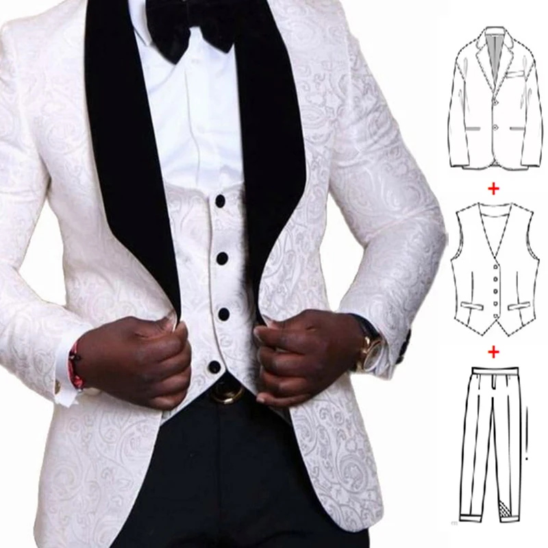 Jacquard Floral Blazer Men Suit 2023 Luxury Groom Tuxedo 3 Pieces Men's Wedding Party Suits Costume Homme (Blazer+Vest+Pants)