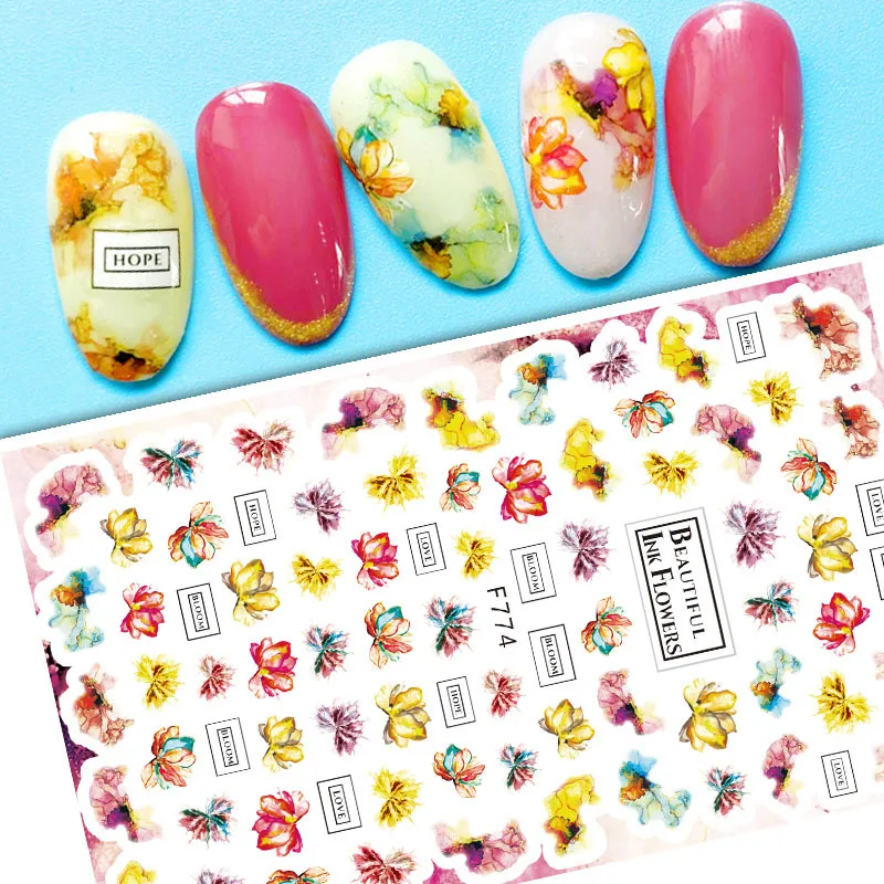 

Beautiful Ink Flowers 3D Nail Sticker Art Sliders Colorful Flower Stickers for Nails Manicure Decals Decoraciones Accessories