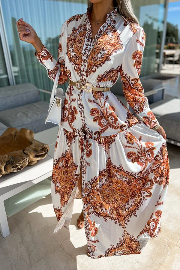 

Women Bohemian Beach Dress Long Sleeve Midi Dress with Flower Pattern Long Type Pleated Decoration Summer Cover ups Sundress