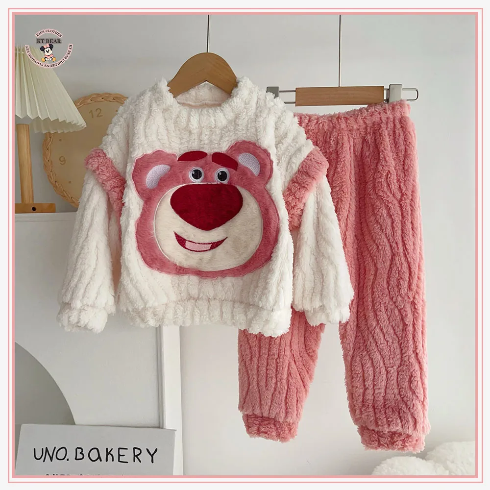 

Winter Disney Lotso Children Pajamas Set 2Pcs Round Neck Pooh Bear Children's Cotton Winnie Plush Sweater Home Wear Suit