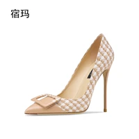 womens shoes 2022 high heels sexy pointed toe thin heel shallow sexy shoes party plaid square buckle womens heels 33 41cm