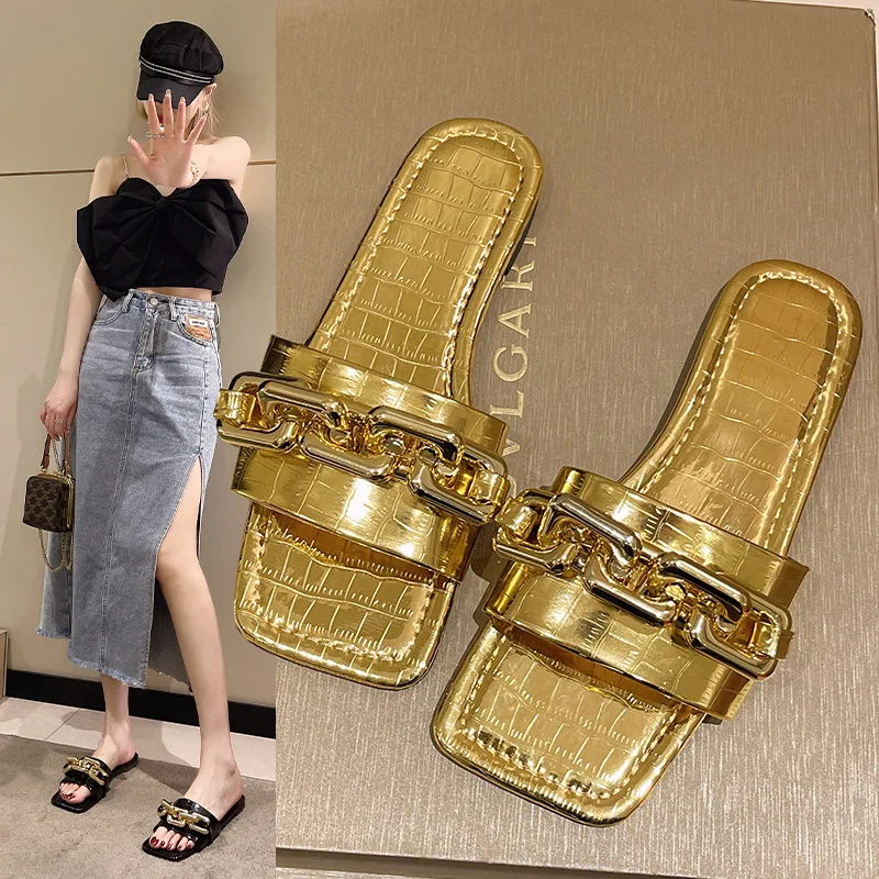 

Women Slippers 2022 New Summer Fashion Open Toe Flat Ladies Shoes Light Outer Wear Beach Flip-Flops Gold Sandals Designer Slides