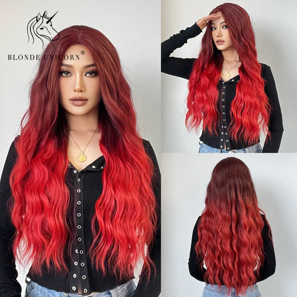 

Blonde Unicorn Synthetic Wig Ombre Red Long Wavy Wigs with Bangs Daily Cosplay Party Heat Resistant Fiber Hair for Women