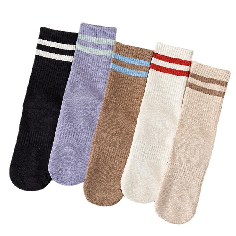 Solid Color Striped Mid-calf Yoga Socks Cotton Breathable Non-slip Pilates Socks Fitness Dance Floor Socks Sport Yoga Aids Socks