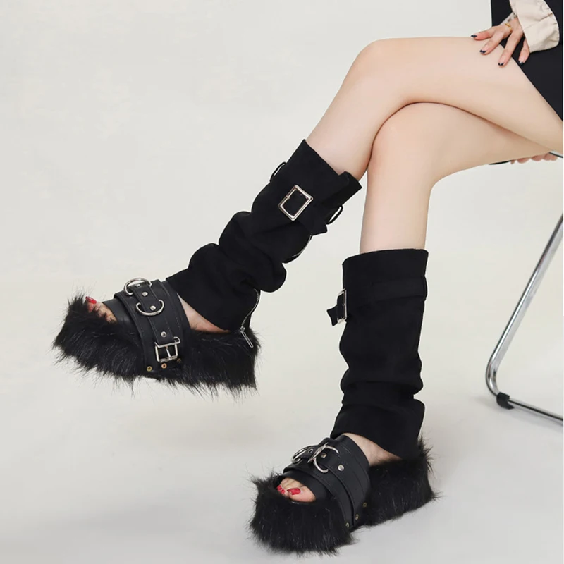 

Шлепанцы женские на плоской платформе, летние пушистые сандалии, мягкая обувь с открытым носком, толстая подошва, без застежки, модные босоножки с верхом