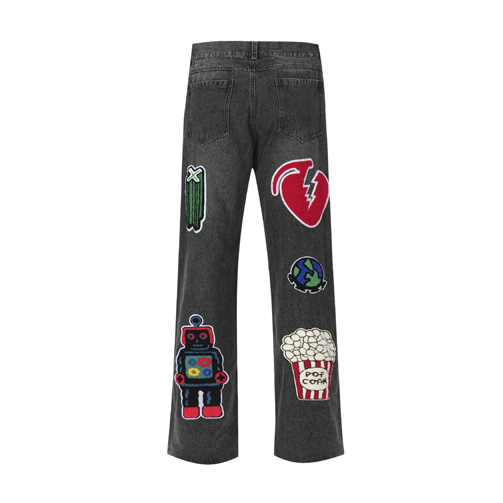 Men Hip Hop Denim Pants Jeans Streetwear Embroidery Skull Cartoon Denim Trousers Harajuku Funny Jeans Baggy Pants