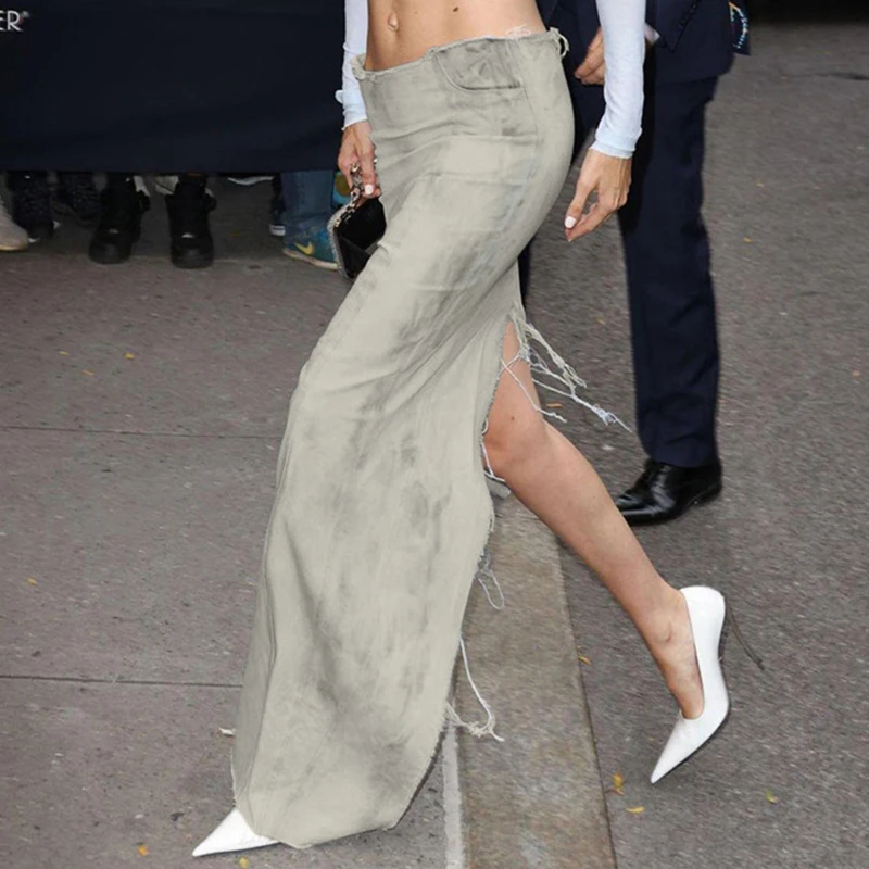 

Женская джинсовая юбка с разрезом, длинная ковбойская юбка с заниженной талией и молнией сзади, Y2K, 2023