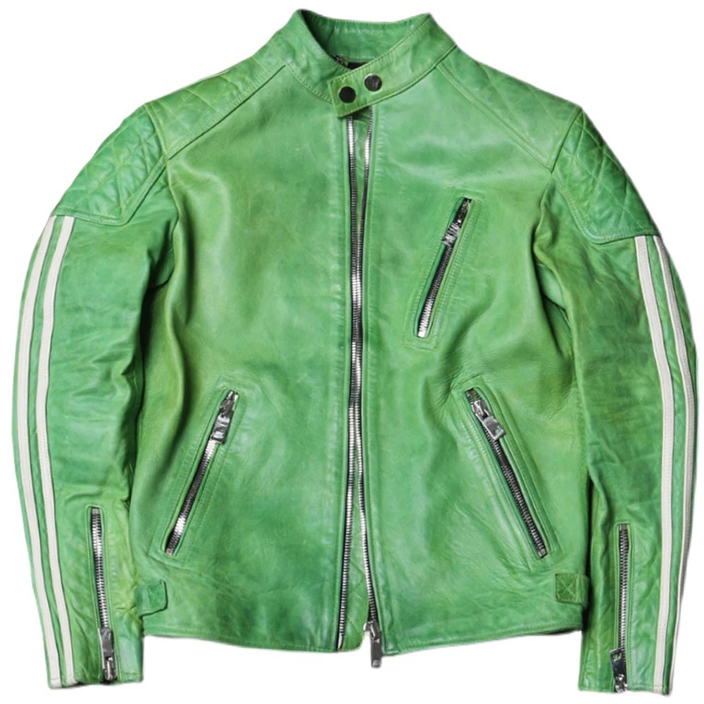 

High Street Motorcycle Sheepskin Leather Men Coats Stripe Sleeve Spring Autumn Luxury Man Biker Jacket Coats Green Black Brown
