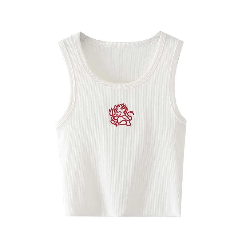

Slim Girls Print Tank Round Collar Sleeveless 2022 Spring Fashion Ladies Casual Short Tops Soft Cotton White Female Crop Top