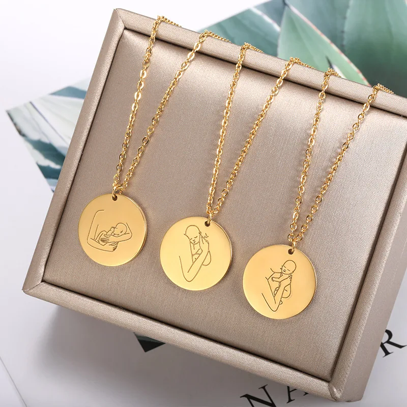 

European And American Hot Sale Mother's Day Commemorative Gift Necklace 18k Pendant Disc Mother Baby Cartoon