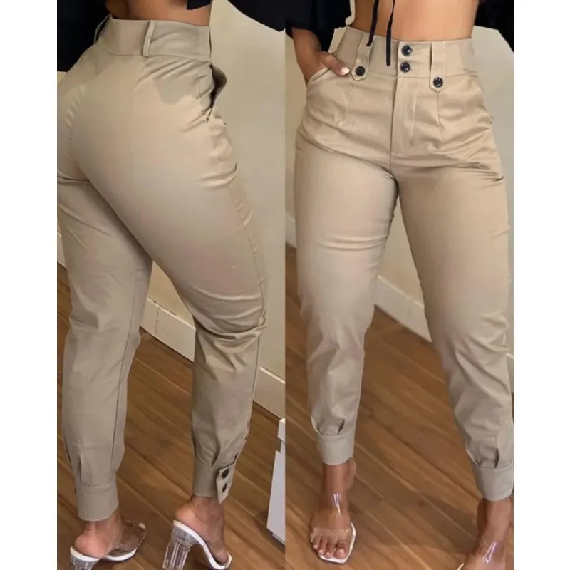 

2023 New Women's Pants Fashion High Waist Button Pocket Design Skinny Work Trousers Women's Casual Pants Streetwear Women