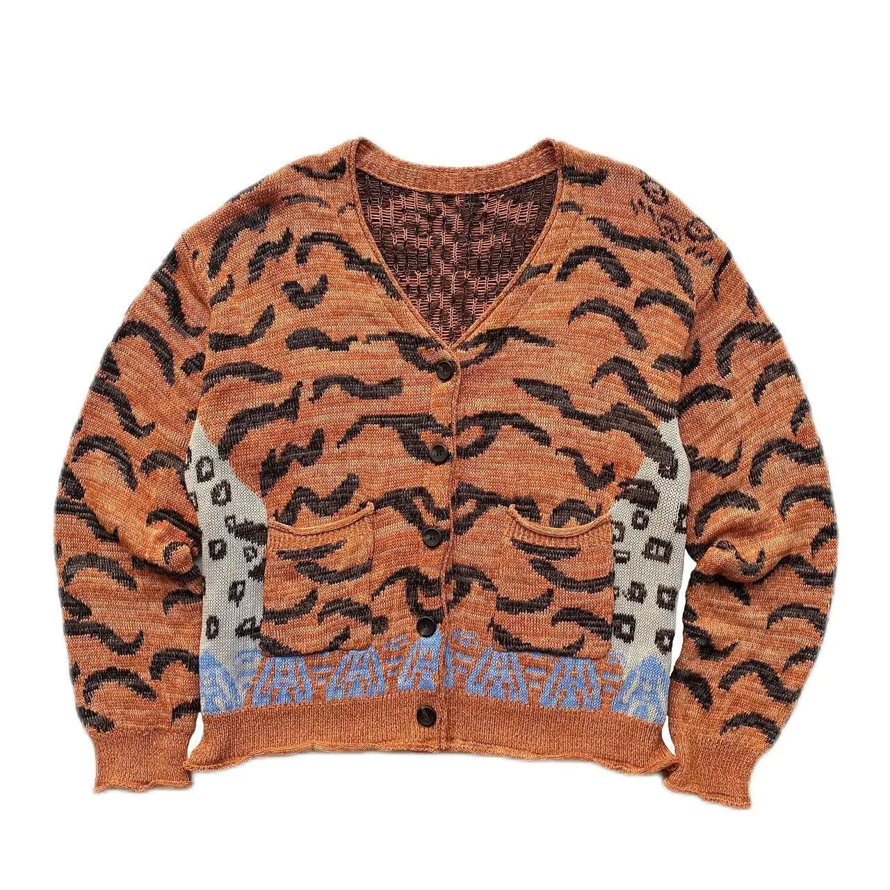 Kapital Vintage Hirata and Hiroshi Japanese Sweaters Casual Tiger and Leopard Men's Long Sleeve Loose V-neck Knitted Cardigan