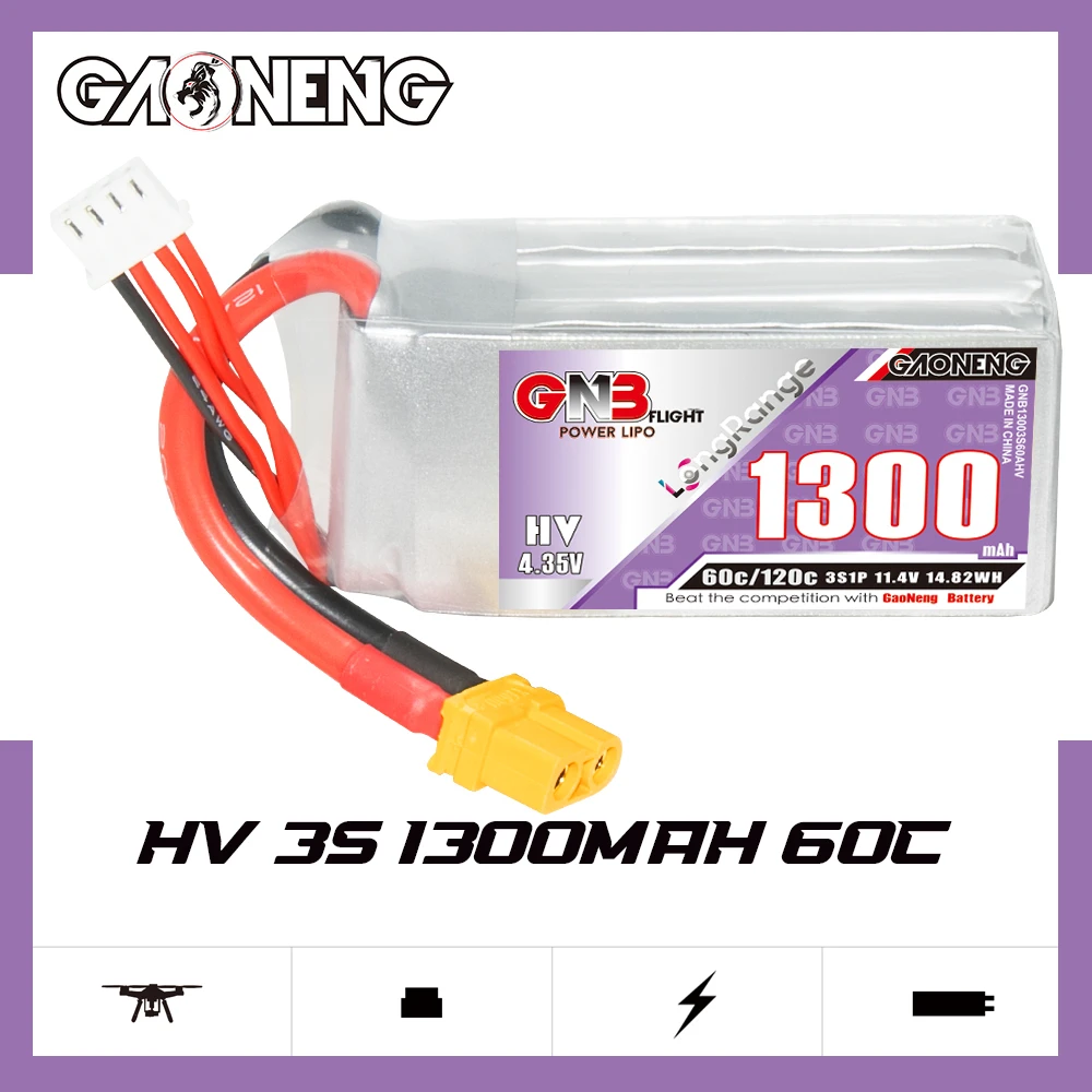 

GAONENG GNB 1300mAh 11.4V 60C 3S1P Light Weigt Long Flight HV Lipo Battery XT30 Plug For RC FPV Racing Drone UAV Soccer RC Parts