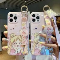 cartoon sailor moon phone case for iphone 11 12 13 pro max x xs xr 7 8 plus se 2020 with jewelled lanyard wrist holder cover