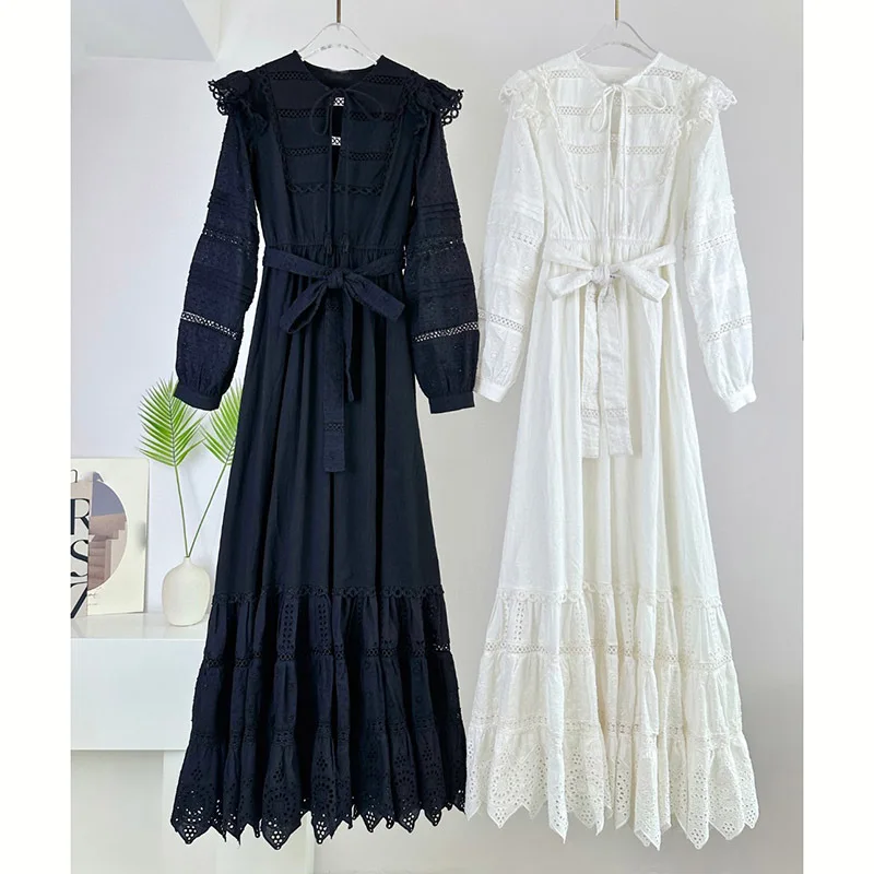 

22SS High Quality Embroidered Lace Extra Long Dress Women Runway Hollow Out Waist Dresses Elegant Removable Belt Big Swing Dress