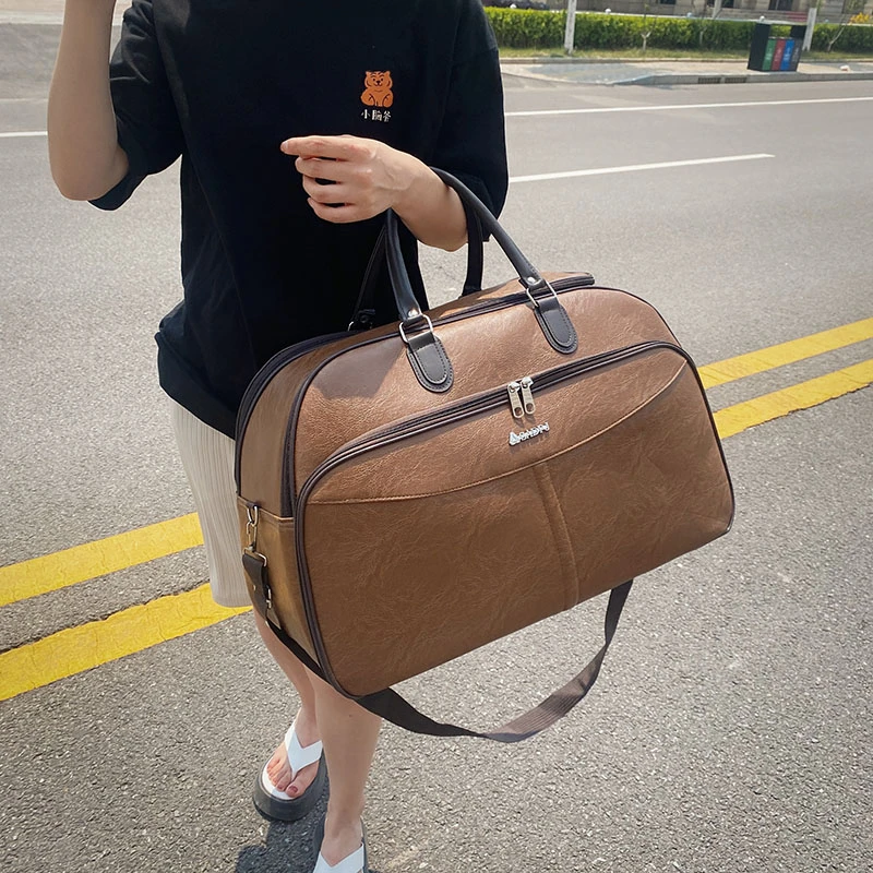 YILIAN Hand-held leather short-distance travel bag, male slant PU duffel bag, female retro British style business boarding bag
