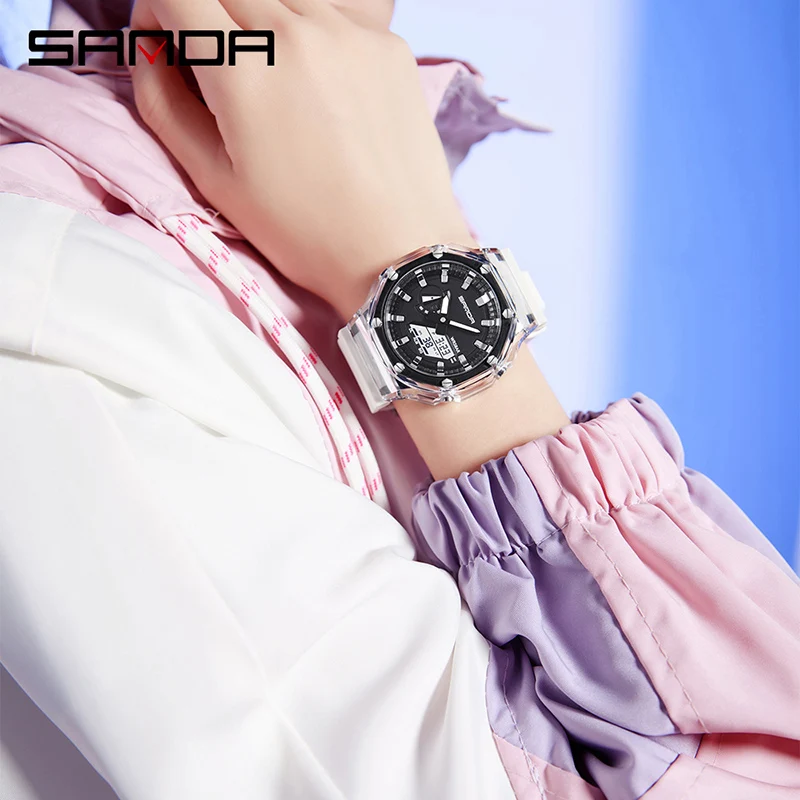 Прозрачные стильные спортивные мужские наручные часы SANDA 3341 Электронные