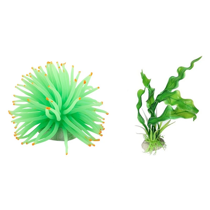 

1 Pcs Aquarium Decorative Green Silicone Sea Anemone & 1 Pcs Green Artificial Grass Fish Tank Water Plant
